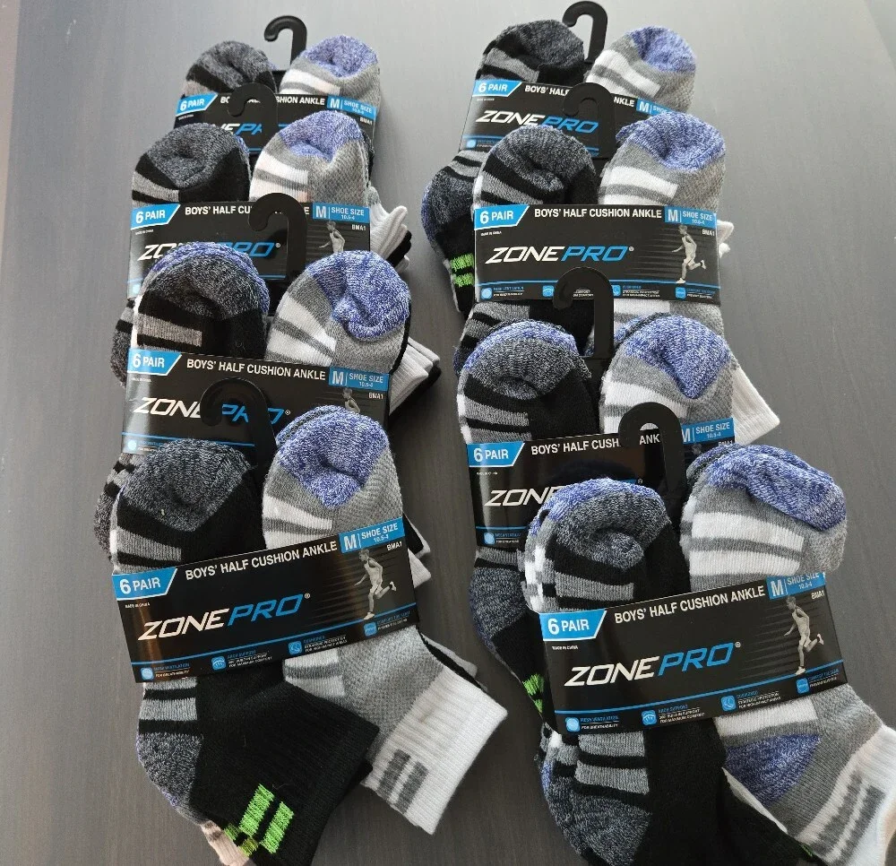 Zone Pro Boys Half‑Cushion Ankle Socks – Ten 6‑Packs, Size 10.5–4, NWT